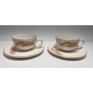 Homer Laughlin Golden Wheat China Set of‎ 2 Cups and Saucers 22K Gold Trim